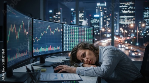 Exhausted stock market trader sleeping at desk in front of glowing computer monitors while working late in modern office building