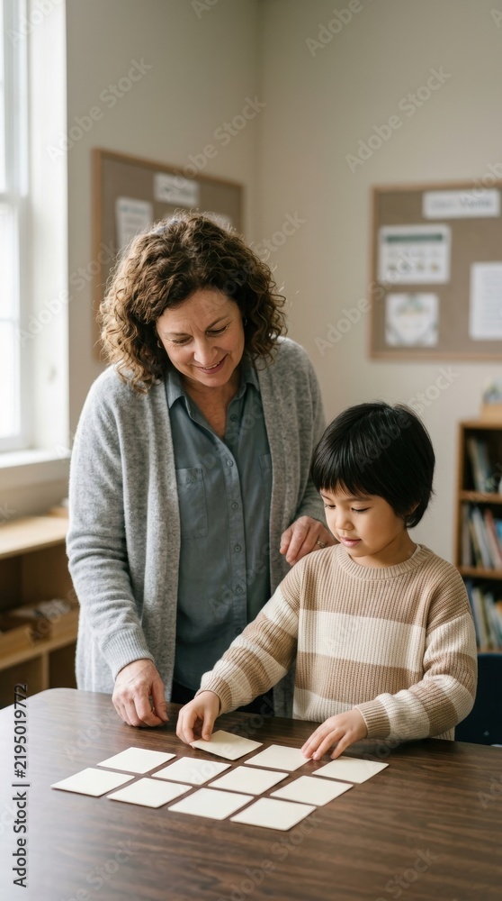 Fototapeta premium Teacher providing supportive guidance to student during classroom activity