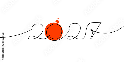 2027, One-line continuous illustration with date of year and Christmas ball for New Year cards, calendars, posters, social media headers, website banners, event invites, modern branding.