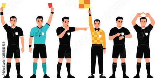 Football referee character set showing cards and giving signals vector illustration