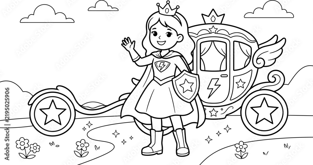 Fototapeta premium Charming princess waves cheerfully beside her ornate fairytale carriage in a coloring book style