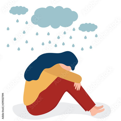 Принти на полотні Young depressed woman sitting under metaphoric rainy cloud