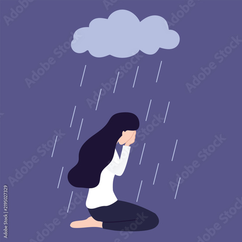 фотографія Young depressed woman sitting under metaphoric rainy cloud