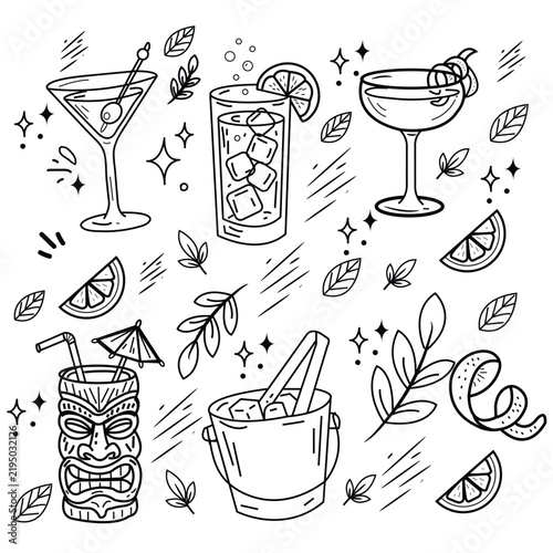 Beach Wine Glass ,drinking glass Cocktail glassware and citrus slices form a decorative black and white vector illustration martini tumbler coupe lemon lime orange slice tiki mug ice bucket leaves