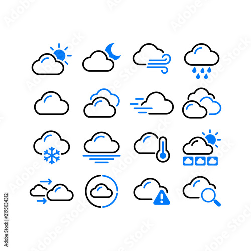 Weather forecast icons vector set with sunny, rainy, cloudy, windy and snowy symbols in line style