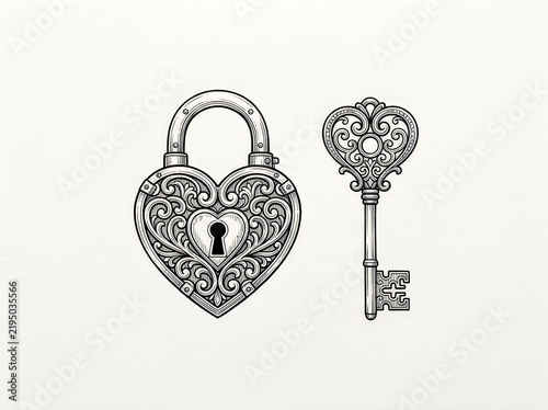 Heart-shaped lock with ornate key illustration