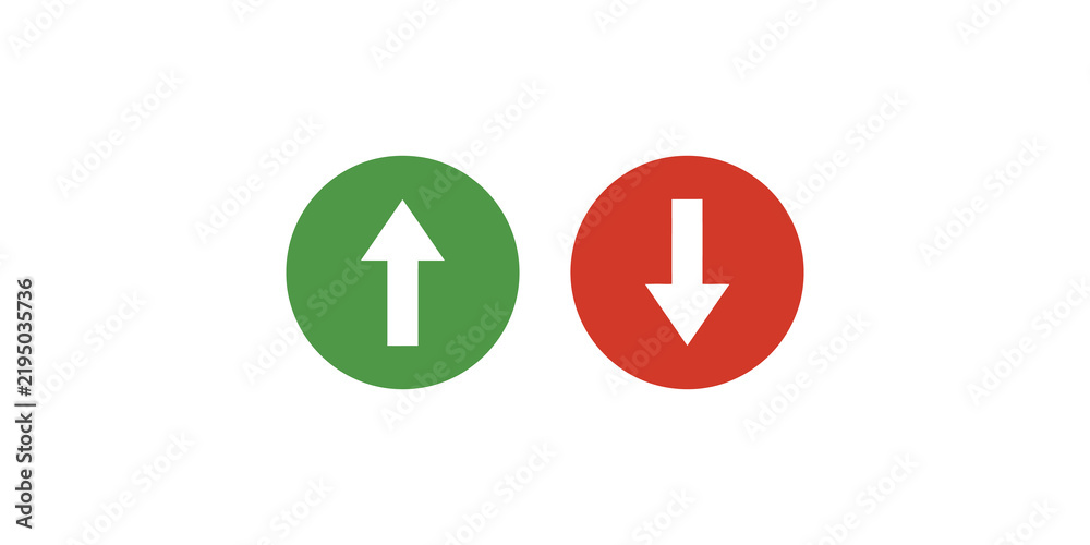 Obraz premium Green up arrow and red down arrow icons inside circular badges for UI feedback.