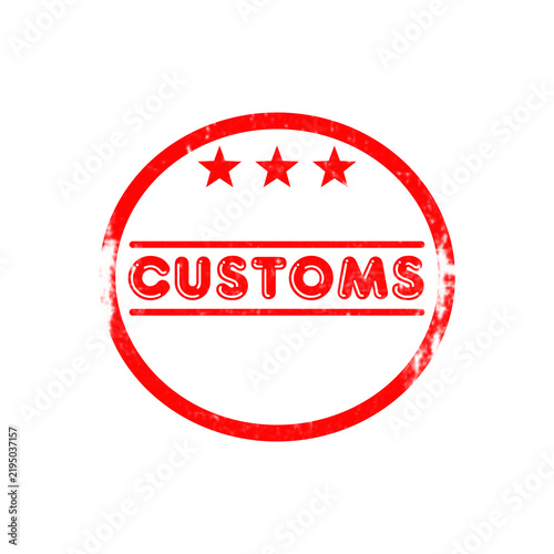 Customs round red distressed grunge stamp icon with three stars for import export.