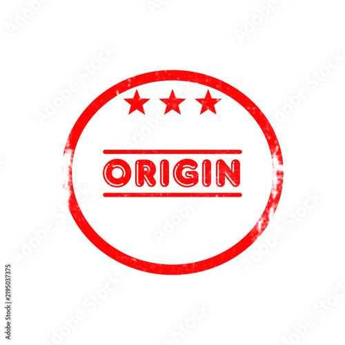Red circle origin stamp design element with three stars for product branding and authenticity.
