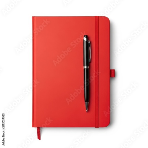 Red notebook with black pen attached