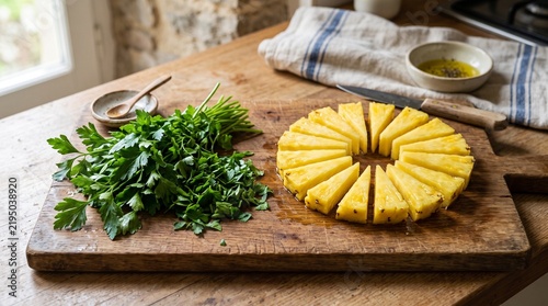 Wooden cutting board with fresh parsley on left and triangular pineapple slices arranged in circular pattern on right, vibrant color contrast.