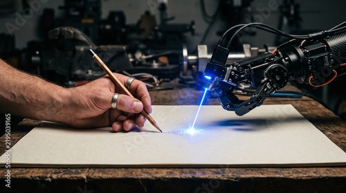 Human hand with pencil beside robotic hand emitting blue laser tool over blank surface, dramatic contrast of organic and mechanical collaboration.