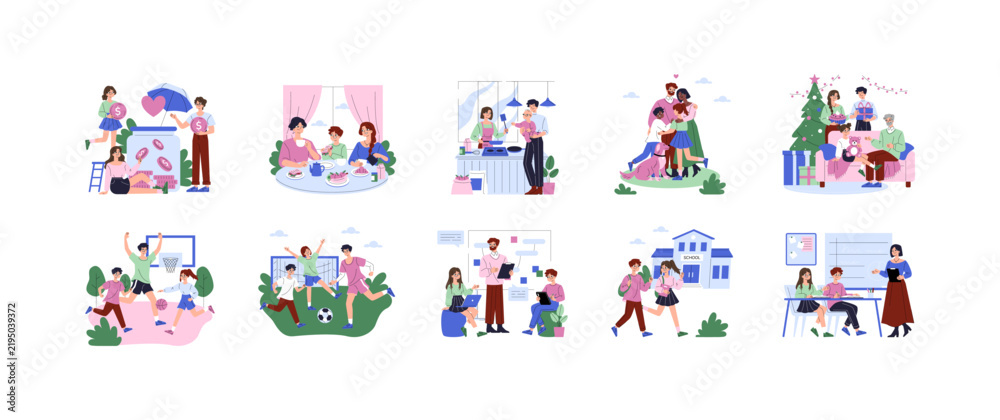 Fototapeta premium Family Activities and School Life Collection Vector Set