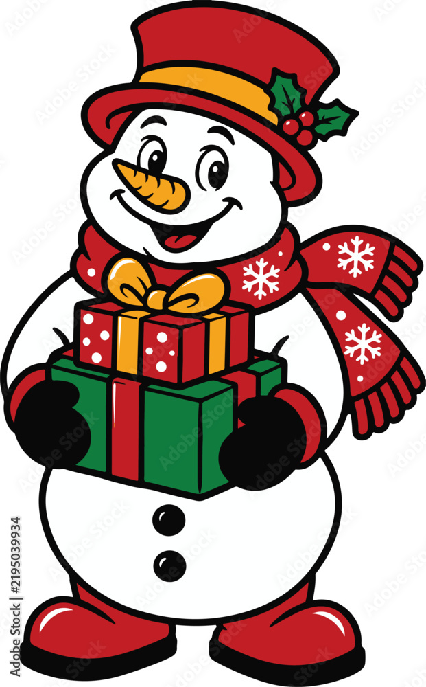 Fototapeta premium Cheerful snowman wearing red hat and scarf holds wrapped gifts for holiday celebration greeting card vector.