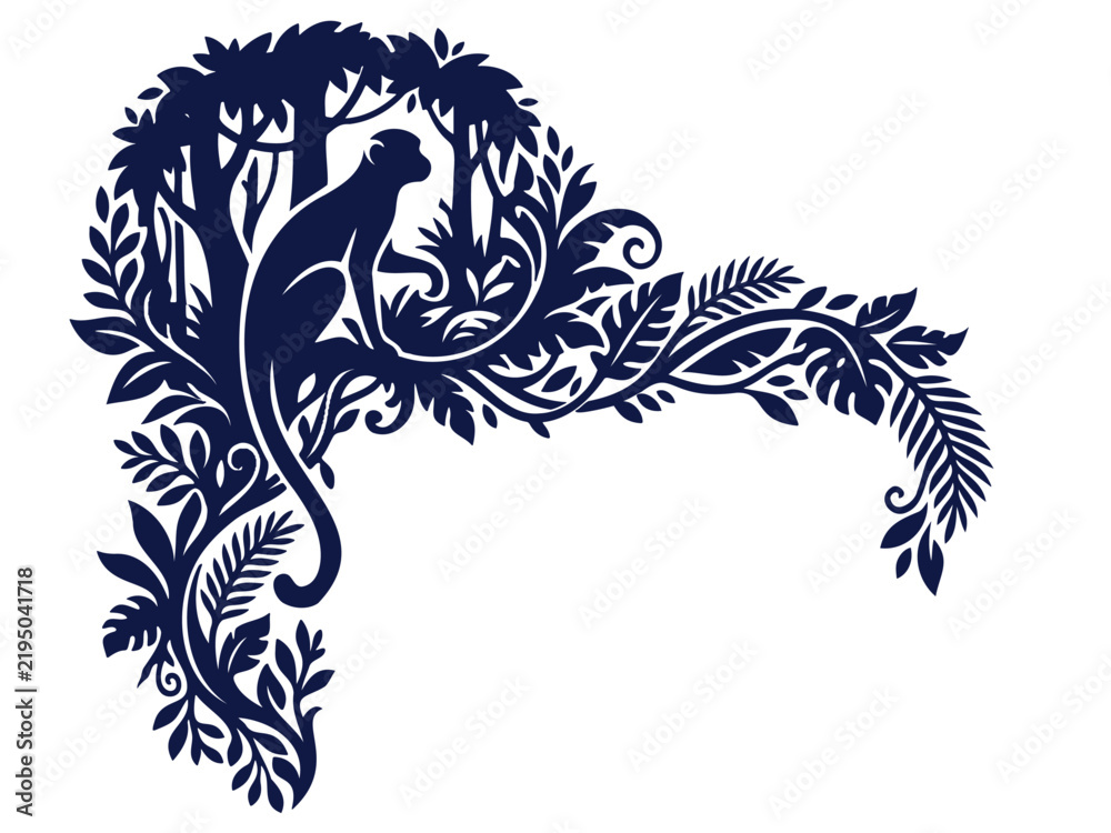 Fototapeta premium Dark blue silhouette of a monkey sitting in a tropical tree, ornate botanical corner frame with leaves and vines on white background