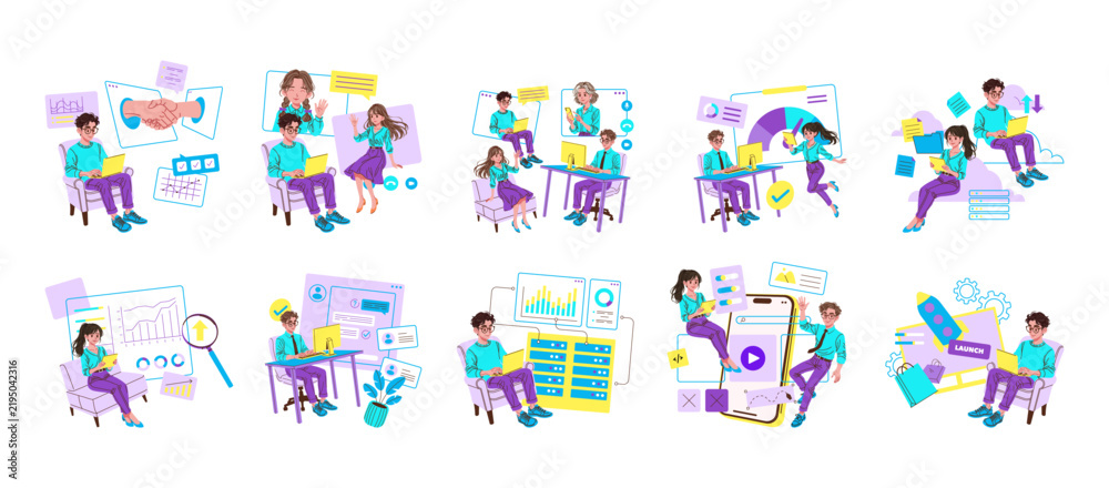 Fototapeta premium Remote Team Working and Communicating in App Scenes Set