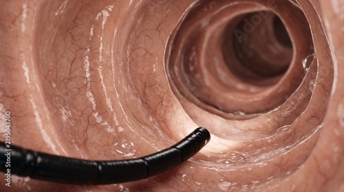 3D medical illustration of a colonoscope advancing through the intestinal lumen during a colonoscopy examination