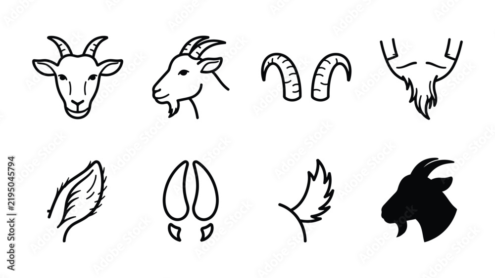 Obraz premium Goat Elements Collection: A graphic representation featuring various iconic elements associated with a goat, including its head, horns, ears, hooves, and beard, presented in a clean, line-art style.