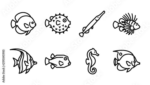 Фотография Oceanic Icons: A collection of simple line art illustrations showcasing various marine creatures, including a pufferfish, seahorse, and different species of tropical fish, perfect for aquatic themes