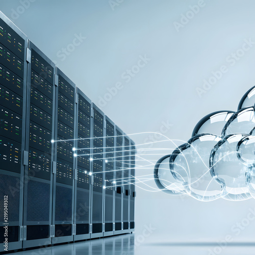 Cloud computing technology concept with server racks connected to glass cloud icon in modern data center