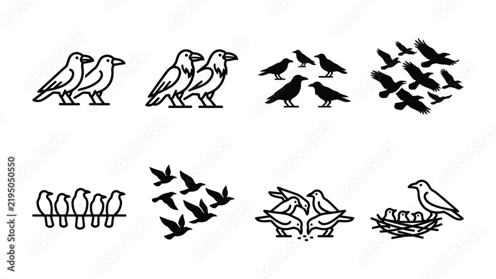 Fototapeta premium Set of Bird Silhouettes: A collection of minimalist black and white illustrations depicting various groups of birds, including pairs, flocks, and nesting families.