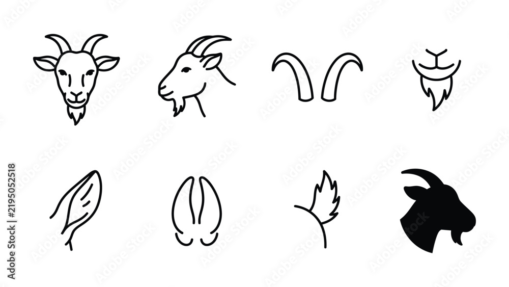 Obraz premium Goat Icons Set: A collection of stylized line art and silhouette icons depicting various aspects of a goat, including its head, horns, beard, ear, hoof, and tail.