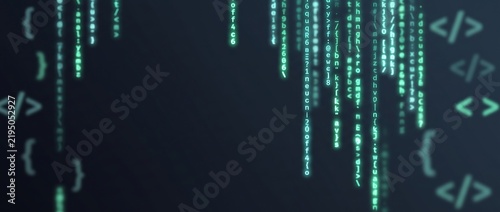 Obraz na płótnie Green digital binary code streams and programming syntax symbols on a dark background