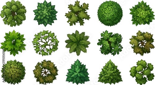 Top view tree set with green foliage crowns for architectural plans landscape design and site map creation vector illustration