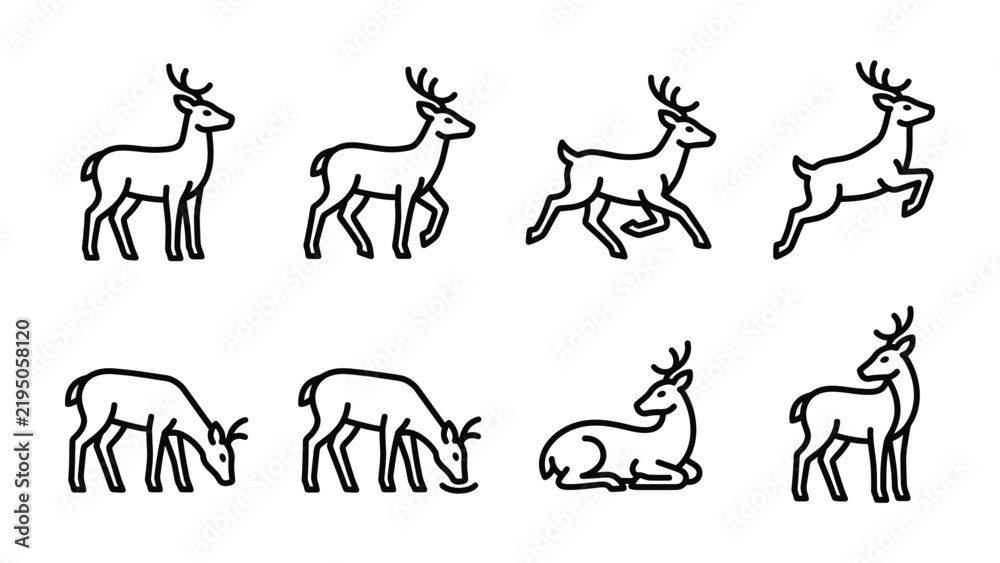 Fototapeta premium Deer Poses Icon Set: A collection of simple, elegant line art illustrations depicting a deer in various poses, including standing, walking, running, jumping, grazing, and resting.