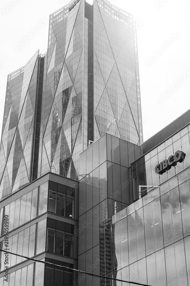 Obraz premium black and white view of the northeast elevation of CIBC Square, designed by WilkinsonEyre, located at 81 and 141 Bay St, Toronto