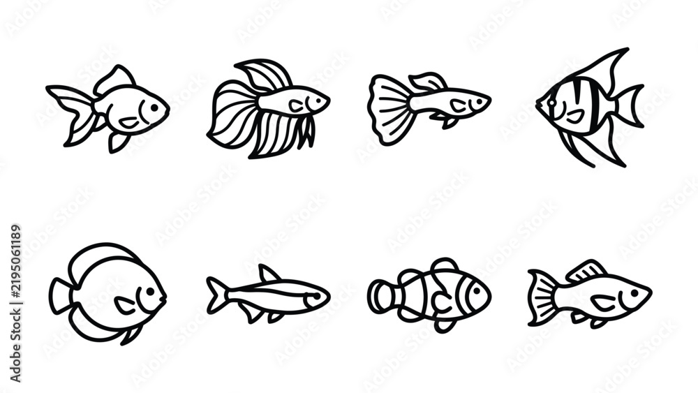 Obraz premium Collection of Fish Icons: A charming set of line art illustrations depicts various aquatic species, showcasing diverse fish shapes and fin styles for use in graphic design and educational content.