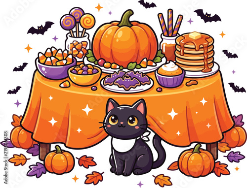 Cuadro en lienzo A cute black cat sitting under a table covered with an orange cloth, laden with