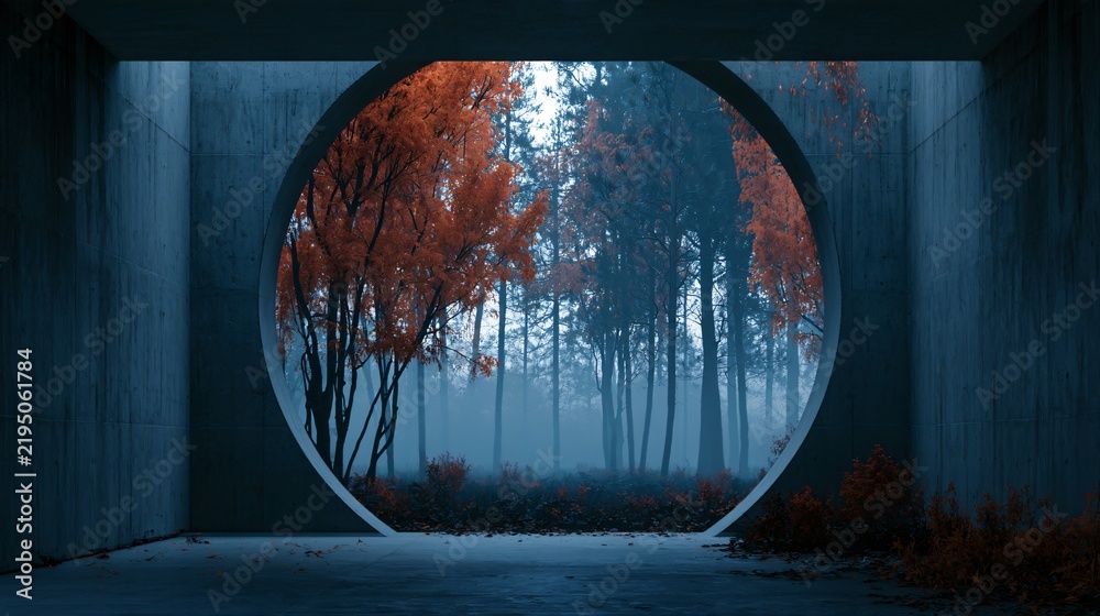 Obraz premium A Halloween background depicting an atmospheric forest viewed through a circular architectural opening, with orange autumn foliage outside and dense blue-gray mist between the trees