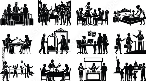 Collection of black silhouette depicting hotel staff, guests, travel, and tourism activities on a white background
