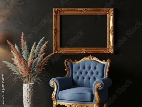 Elegant vintage armchair with decorative frame and dried flowers