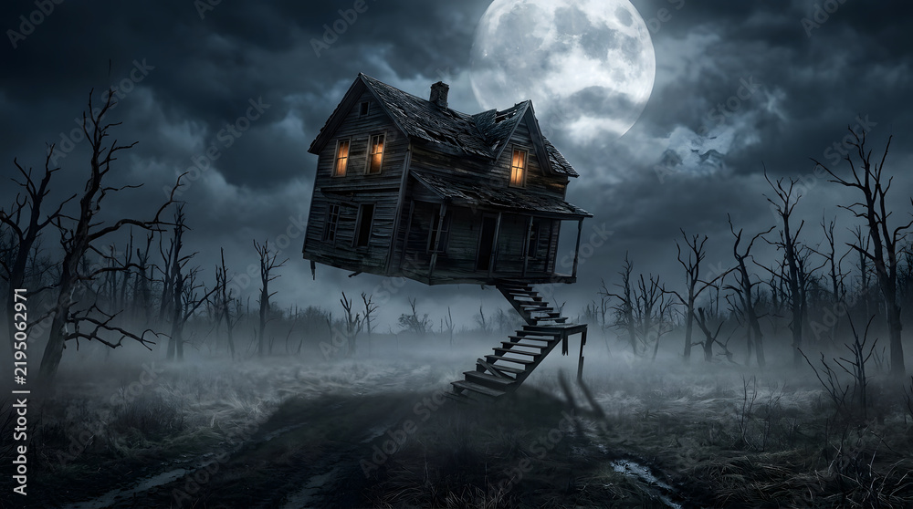 Obraz premium Creepy wooden house perched on long spindly legs in a dark misty swamp at night under full moon with haunted house spooky cottage wooden shack misty forest fantasy architectu