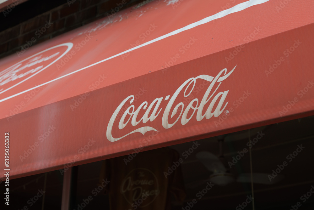 Obraz premium old red awning outside Avenue Diner at 222 Davenport with Coca-Cola sponsor logo in Toronto