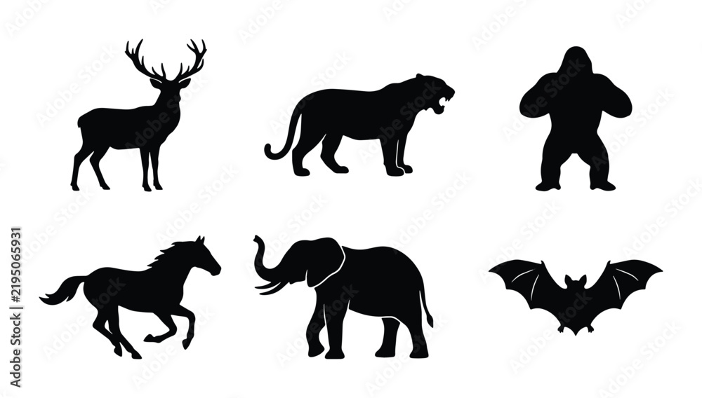 Obraz premium Diverse Wildlife Silhouettes: Majestic Deer, Fierce Tiger, Powerful Gorilla, Galloping Horse, African Elephant, Flying Bat