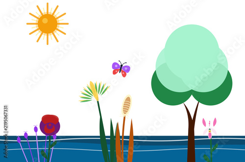 Colorful garden scene with sun, flowers, and butterfly