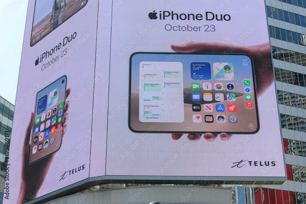 Obraz premium large-format rooftop digital spectacular with advertising by Apple Inc for the upcoming release of the iPhone Duo at Toronto's Sankofa Square