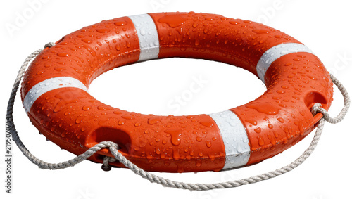 Konstfotografi Orange life preserver ring with white stripes and water droplets, isolated on tr