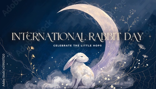 International rabbit day artistic illustration with white rabbit sitting on crescent moon night sky fantasy art magical bunny animal illustration wildlife awareness