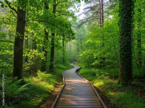 Wooden boardwalk trail through lush green forest