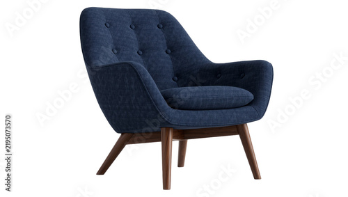 фотографія Deep blue upholstered armchair with tufted back and wooden legs, isolated on tra