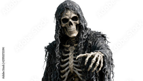Obraz na plátne Grim Reaper skeleton figure with tattered black robe reaching out, isolated on t