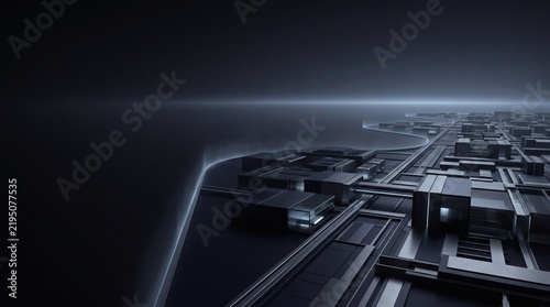 Abstract 3D AI sovereignty infrastructure with modular compute nodes and controlled network architecture, symbolizing sovereign AI, governed systems and digital autonomy.