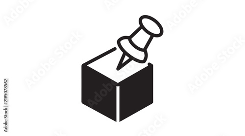 Minimalist vector graphic icon featuring a sharp pushpin embedded into a simple solid black cube