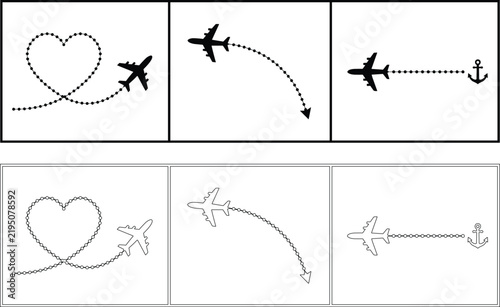 Airplane Icon Set with Dotted Flight Path, Heart and Anchor