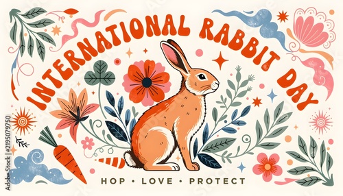 International rabbit day greeting card with cute bunny flowers carrot wildlife greeting international illustration colorful celebration whiskers botanical