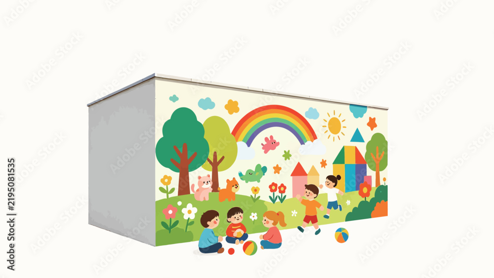 Fototapeta premium Colorful children's mural featuring happy kids playing in a whimsical cartoon landscape with rainbow, trees
